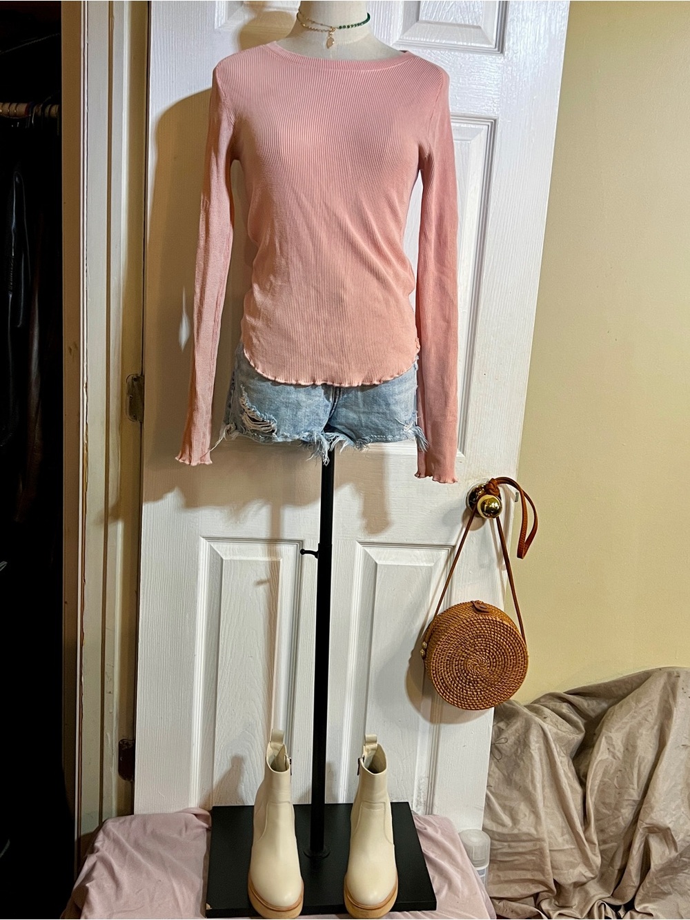 We The Free Wms Powder Pink Cotton Stretch Waffle Knit Thermal Casual Top S